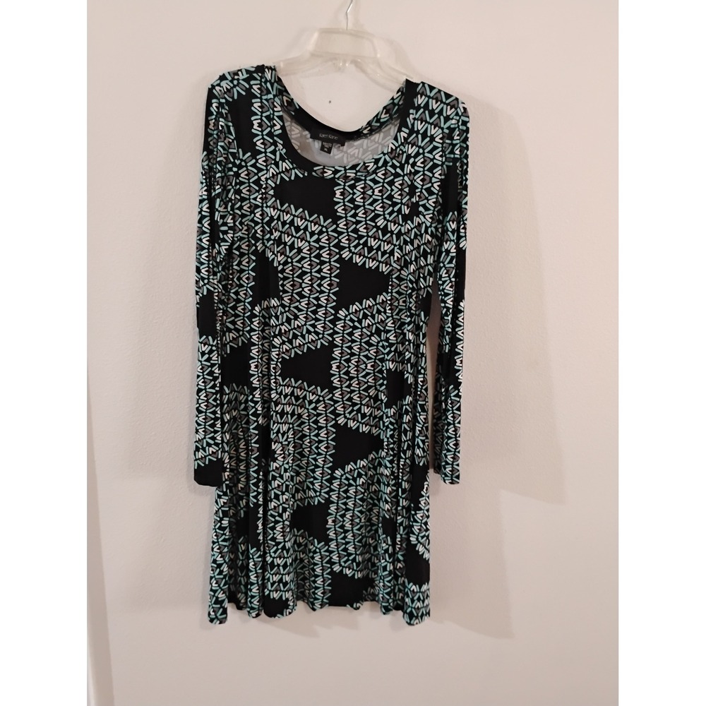 Karen Kane Womens XL Black Teal Geometric Mosaic Long Sleeve A-Line Dress USA